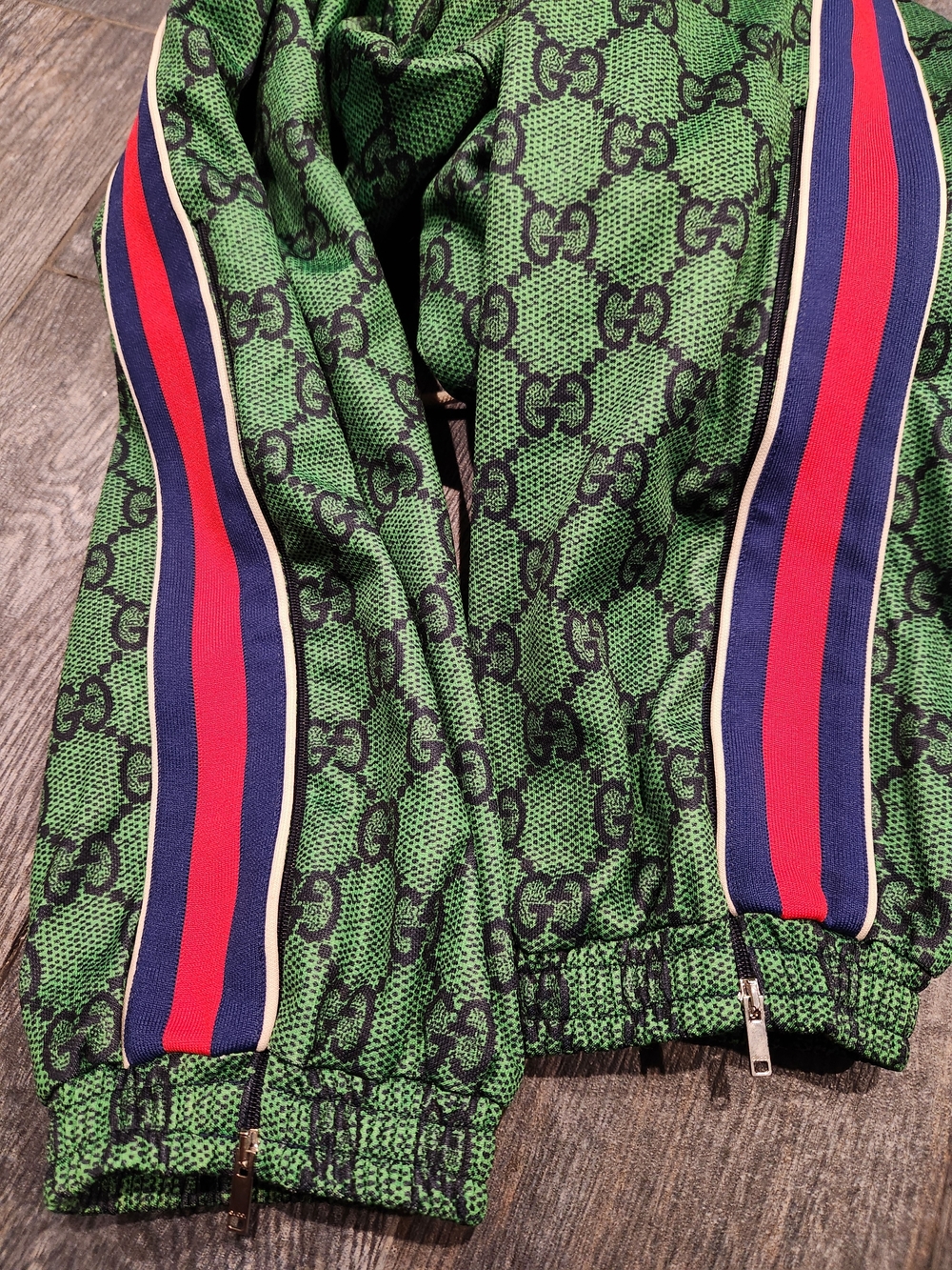 GUCCI Green GG Monogram Track Pants with Red/Blue Side Stripes - Picture 12 of 13